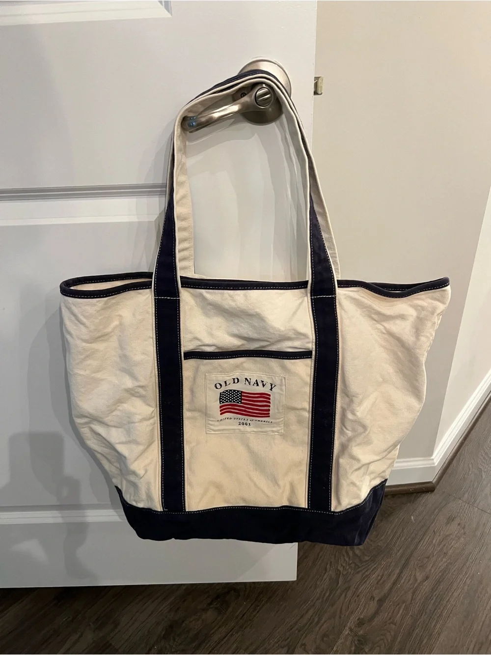 Old Navy Cream & Navy Canvas Duffel Tote